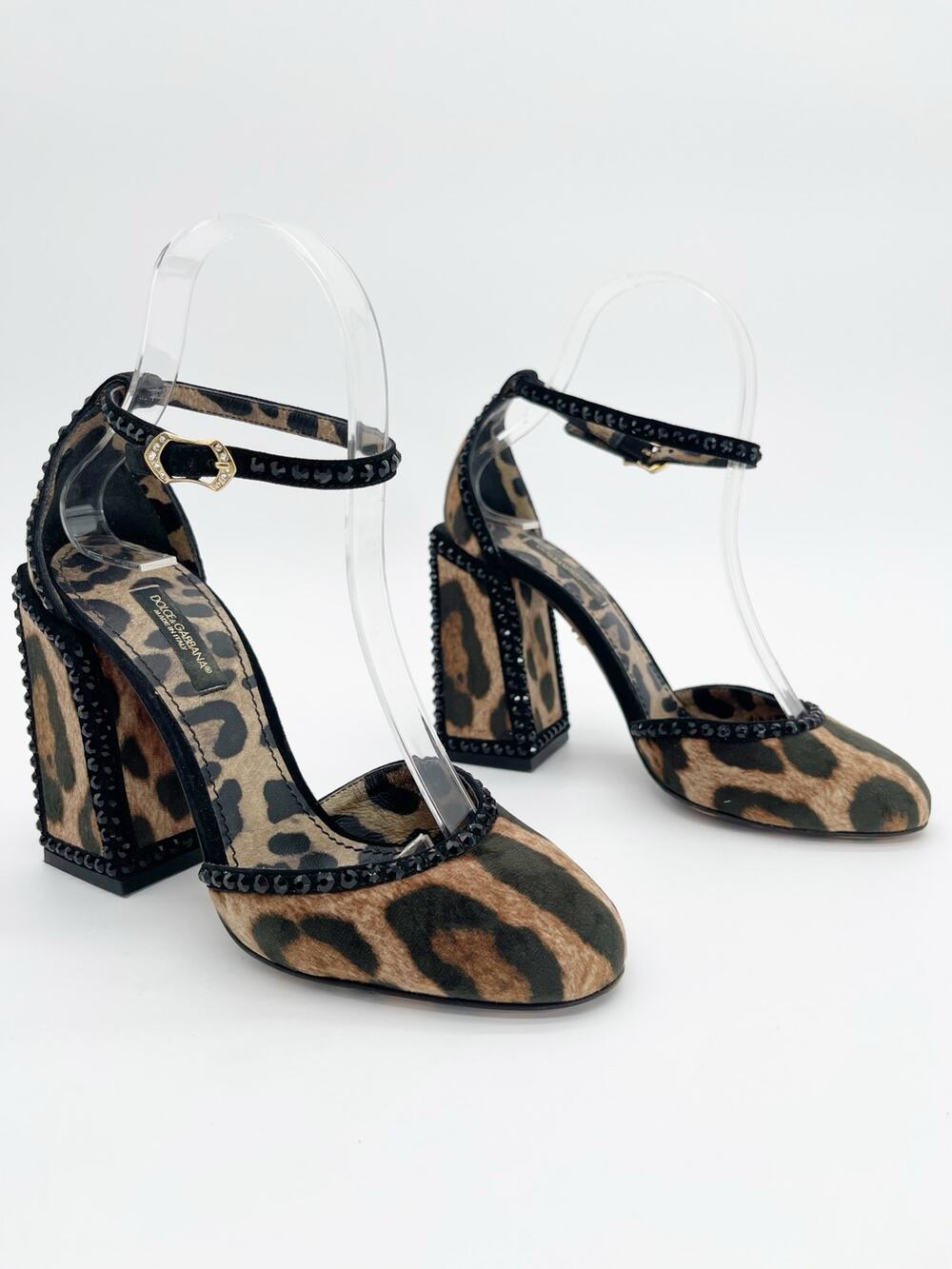 Dolce Gabbana Leopard Velvet Crystal Studded Block Heel Ankle Strap Pumps IT 36